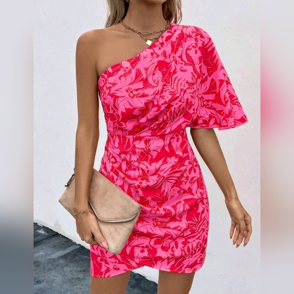 New Tropical Floral One Shoulder Draped Short Dress Hot Pink Red - Picture 2 of 8